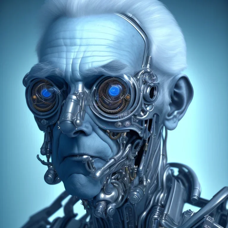 A vintage portrait of an old cyborg man blue color scheme, high key lighting, volumetric light high details psychedelic background