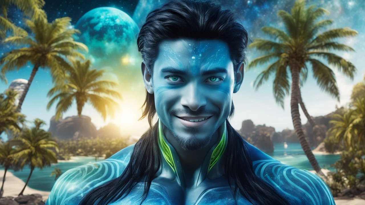 beautiful gorgeous young man na'vi with long hair, Avatar, blue skin, two small ears, green eyes, black hair, in cosmic suit, galactic ambiance, medium pointy goatee , smiling, with spaceship and planets and palm trees and clear crystaline cosmic beach in background