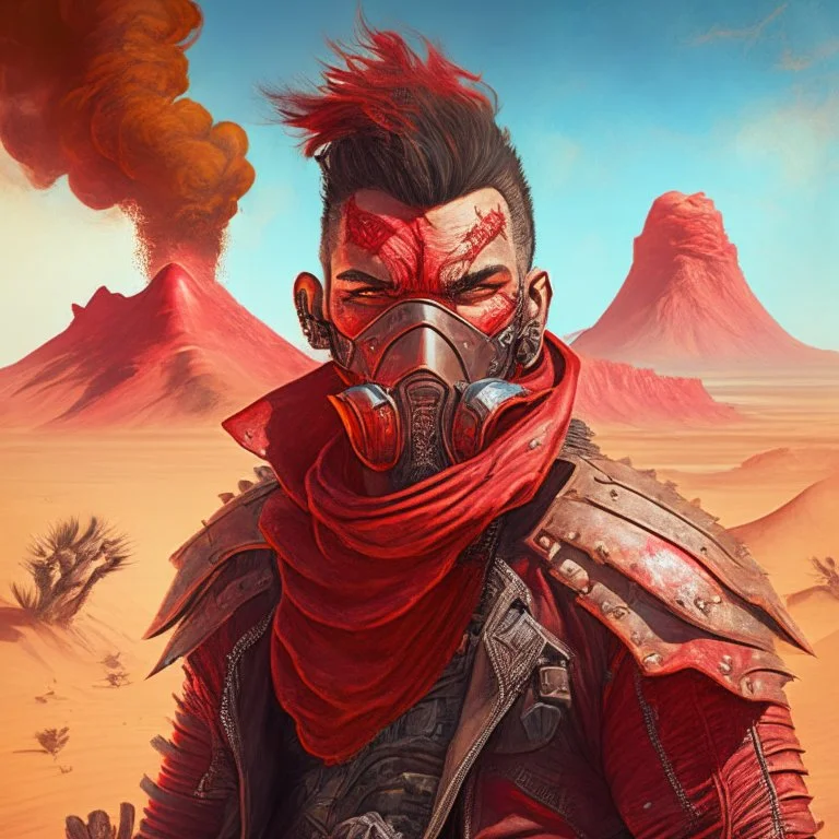 A portrait of a manly man wearing a red armour biker, in a desert with a volcano background. Magic the gathering style art. Diesel punk. Unshaved. No mask.