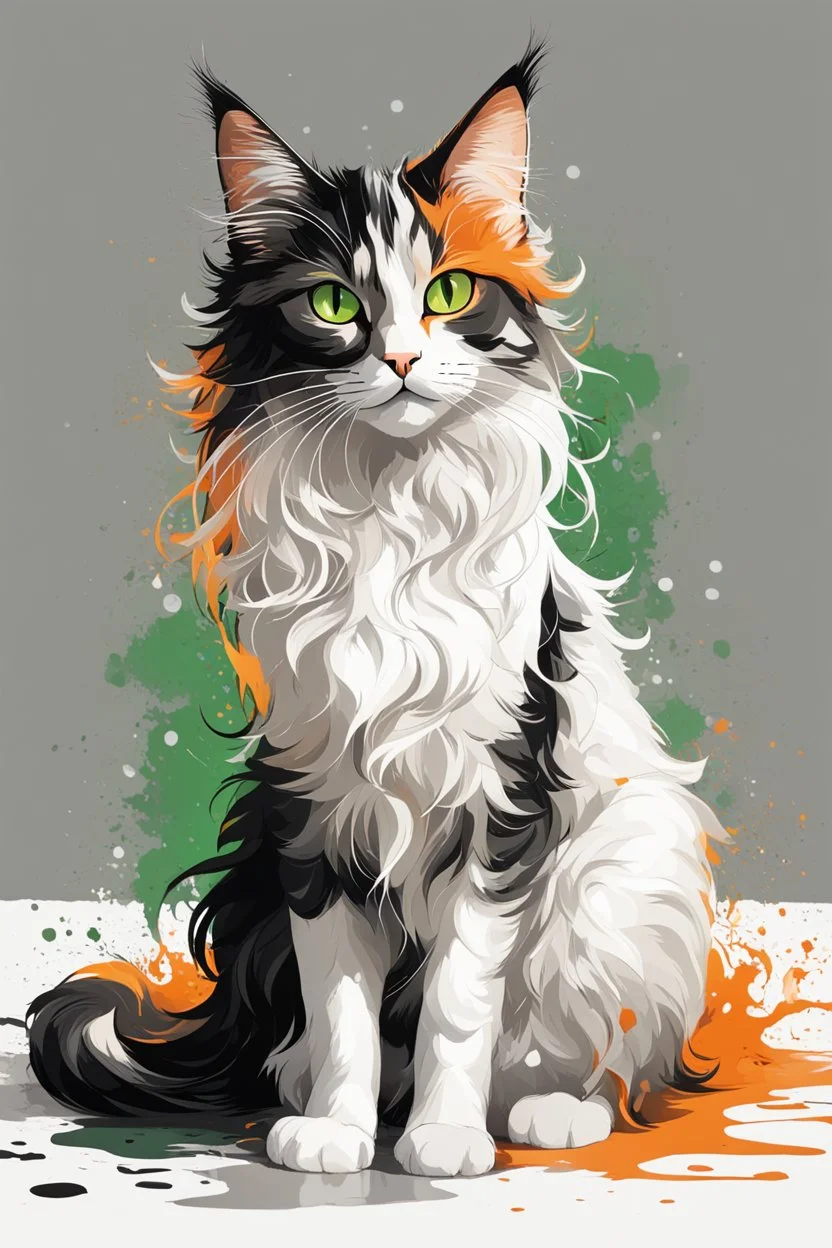 Splash illustration of a beautiful cat with long, wavy, thick hair, pointed ears, bright green eyes, orange, black and white colors, ultra quality, (((full body))), sitting on the floor