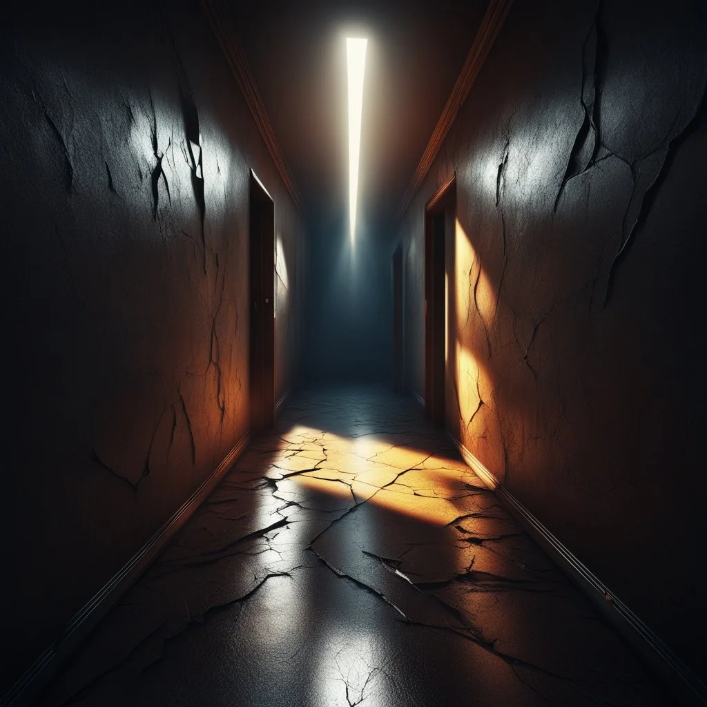 Gloomy corridor at far end door cracked open with bright light glaring out, glare effect, artistic diagonal line composition, tilted, unbalanced, asymmetrical horror surrealism, rich deep colors, trending on Artstation, creepy, eerie