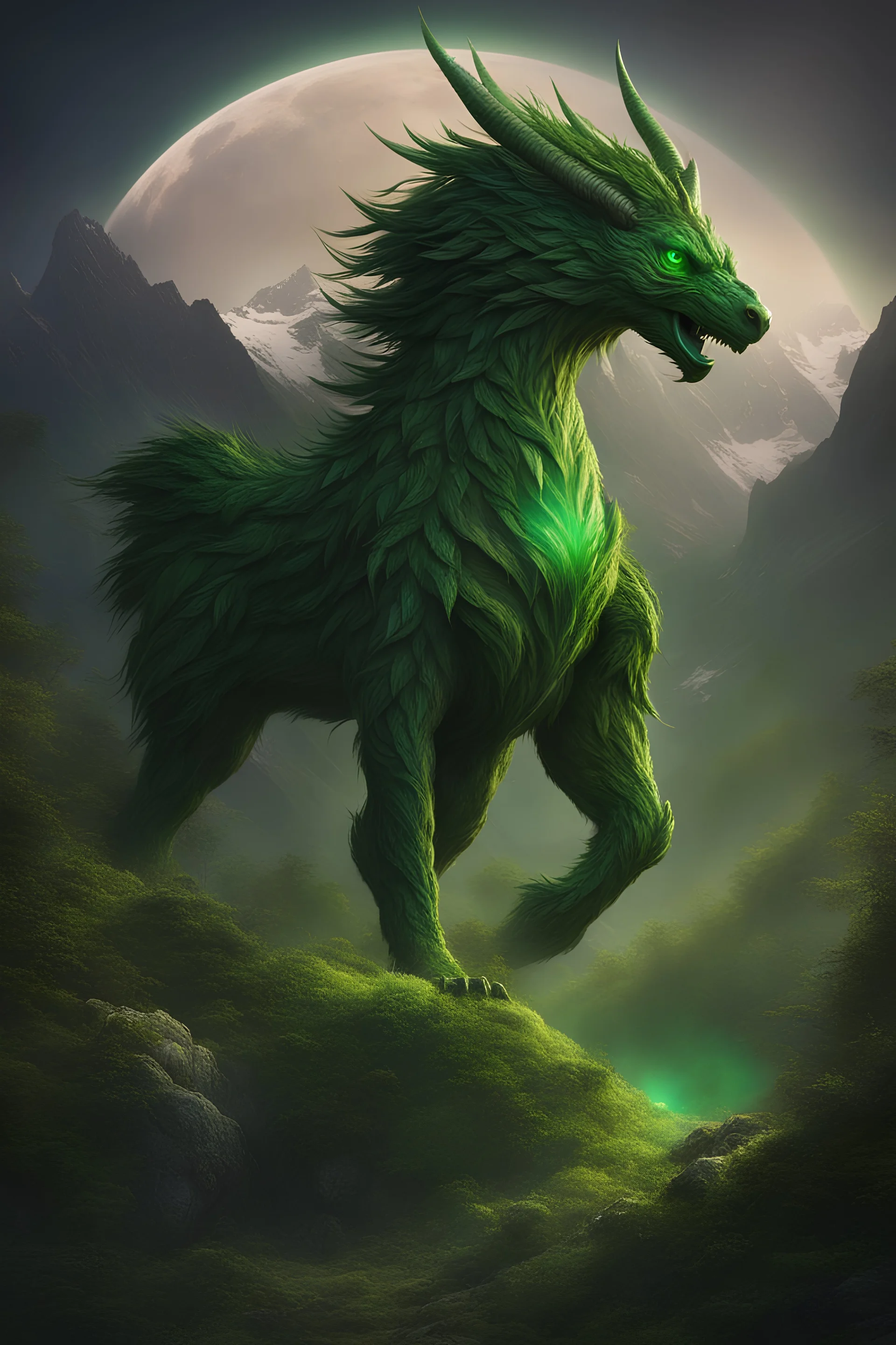 A green mythical creature shaped like a guardian of the high mountain, made of grass branches, leaves and emeralds. Surrounded by legendary peaks at night, voluminous, impressive, unforgettable