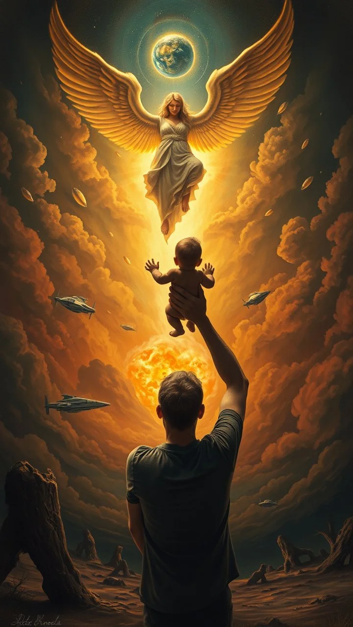 Bosch painting style nightmare, a man holding a baby up toward a beautiful angel in the sky , a nuclear explosion and an alien spacecraft in the background, rear view , dramatic sad scene, fantasy, scary.