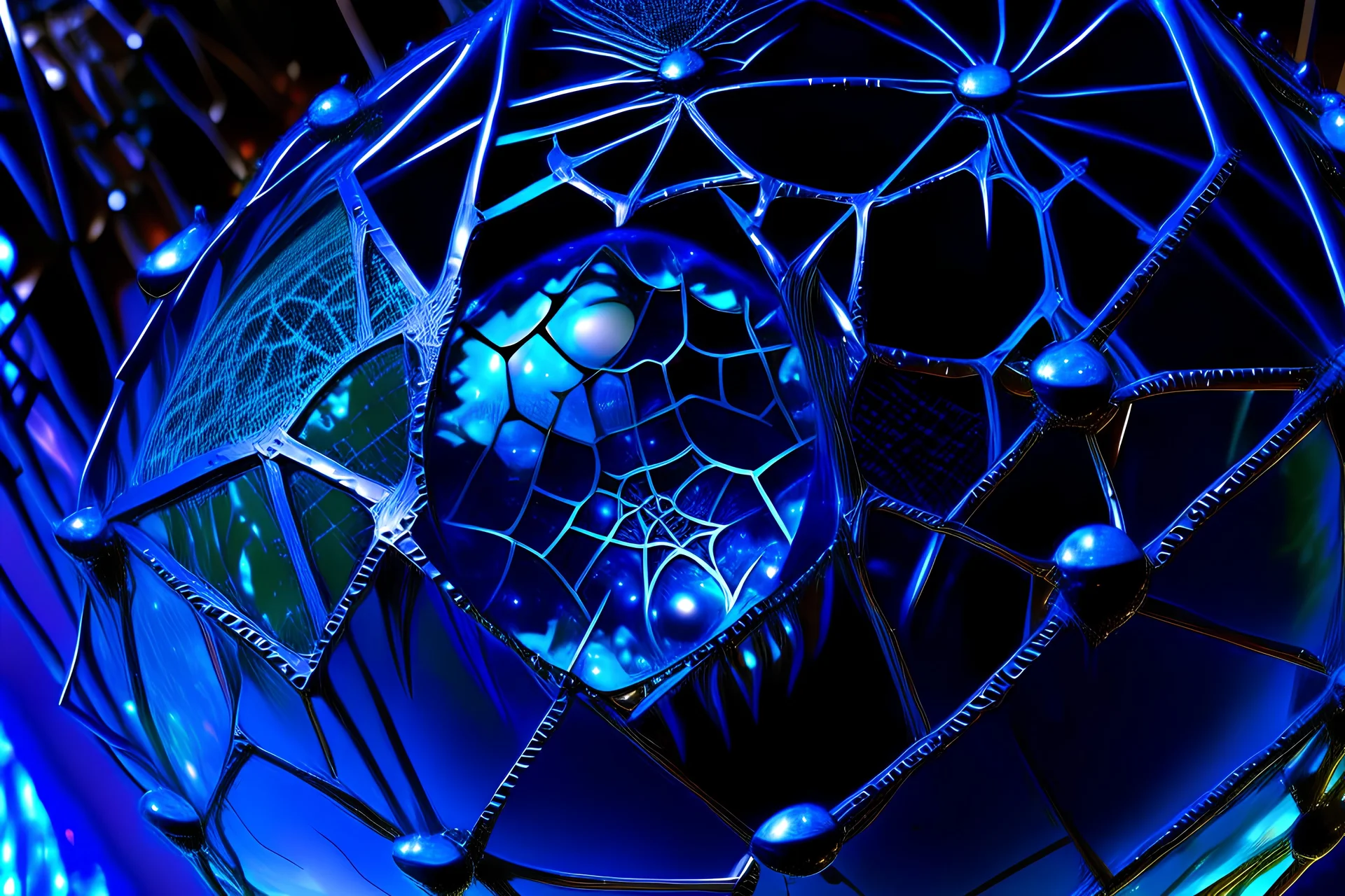 AN OBLIQUE DISTORTED view of CLOSE UP view of a cobalt blue crystal SPHERE WITH FACETS of different angle facets WITH DIFFERENT COLORS over a shining metal mesh, inside a gigantic spider web, againste a black backgound in almost total darkness