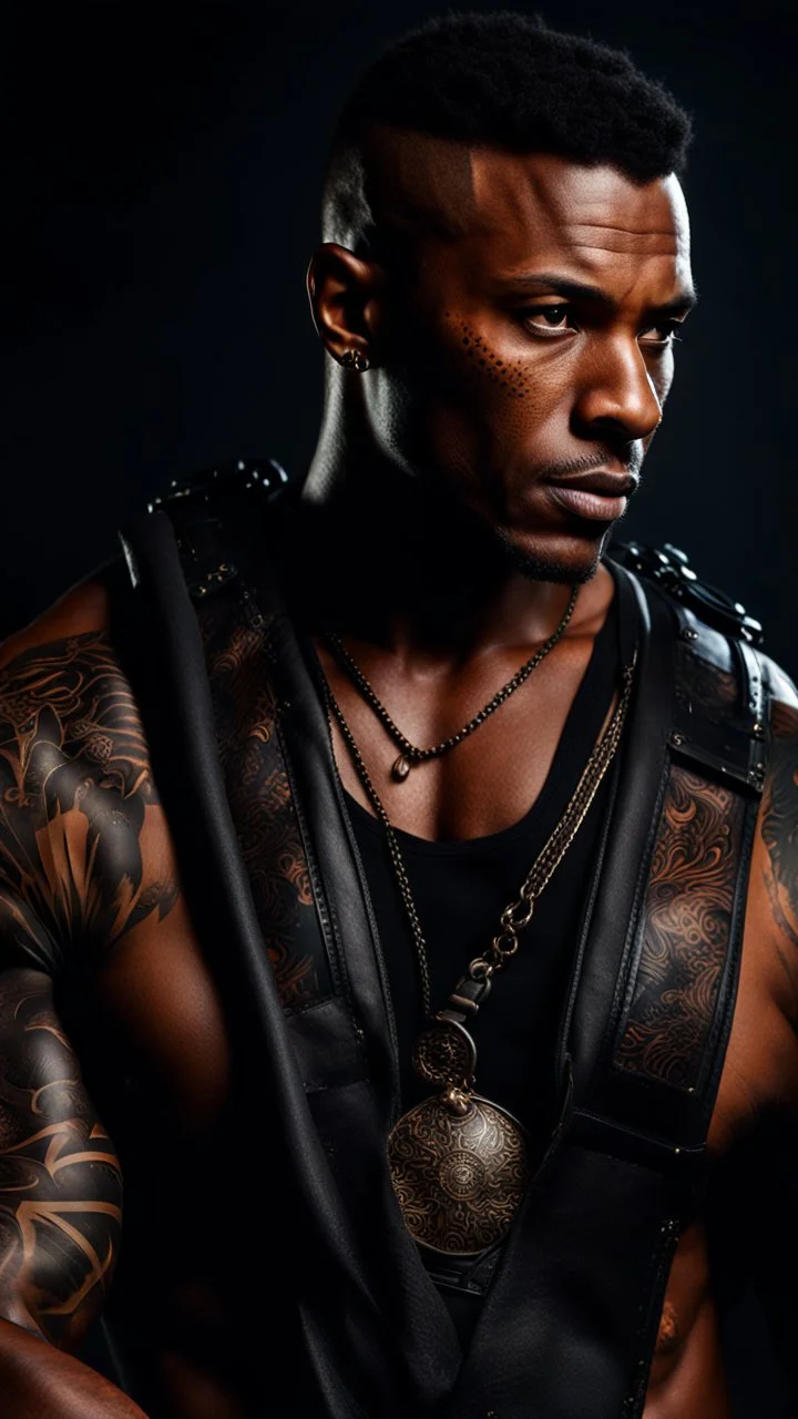 portrait of a 35 year old Handsome muscular mercenary with dark bronze skin adorned with tattoos. photorealistic