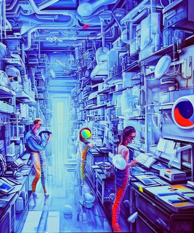 scientists create a new version of photoshop. they are wearing safety goggles and white clothes. lab. blue light from fluorescent lamps. color charts. hyperdetailed cool colors detailed painting acrylic art oil on canvas futuristic post-apocalyptic fantasy --test --creative