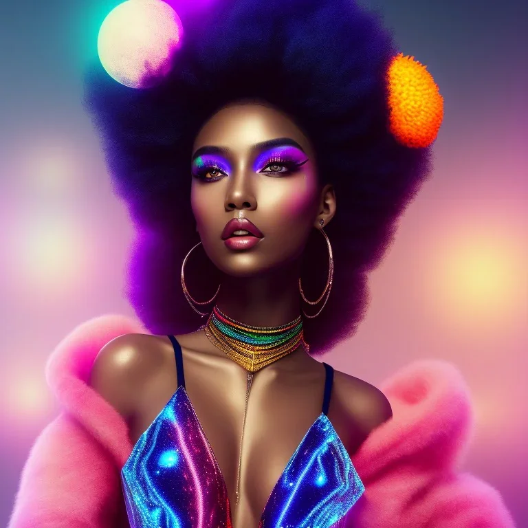 full body shot, masterpiece, best quality, family of three, black skinned, sparkling eyes, fluorescent skin, colorful makeup, RNB , highly detailed body, afrofuturism, scifi, sun light, 4K, RAW, depth of field, high contrast, realistic details, 24mm