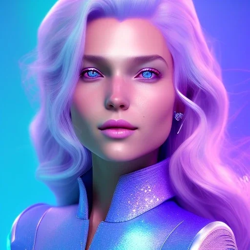 A portrait of a full body crystalised blue pink queen,smiling face, blue eyes, long blond hair, atmospheric, realistic, unreal engine, lighting