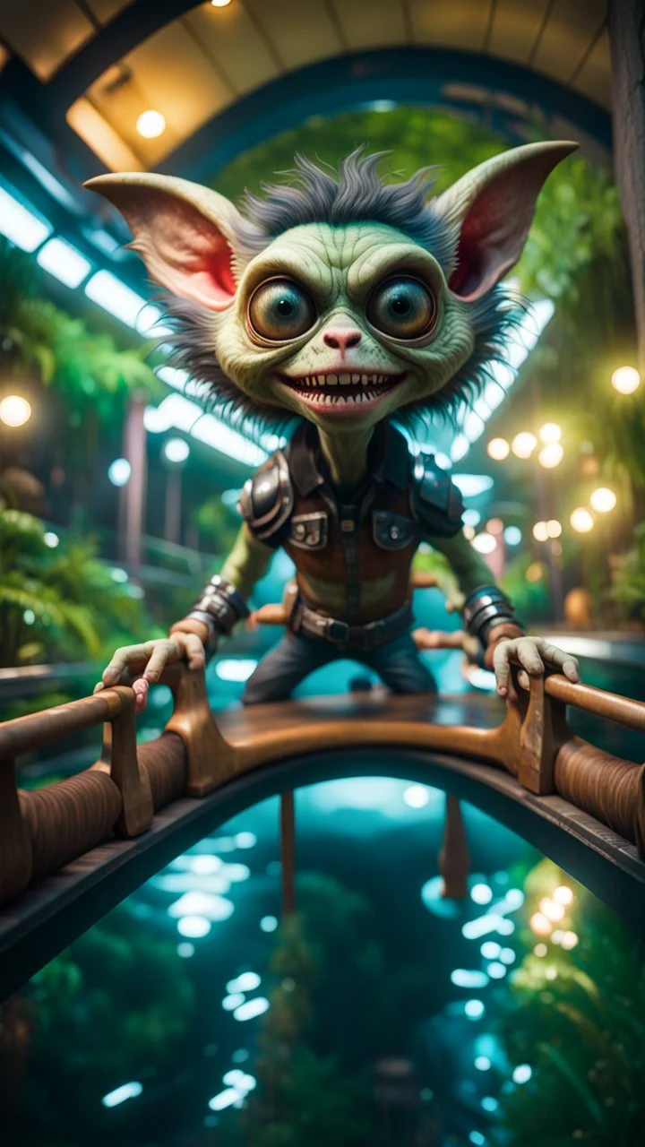 fish-eye photo of furry hairy pimp rocker alien gremlin on bridge over water slide magically levitating in dark lit reflective wet jungle hall dome hotel tunnel, in the style of fallout 4 game,bokeh like f/0.8, tilt-shift lens 8k, high detail, smooth render, down-light, unreal engine, prize winning