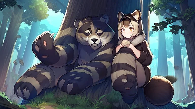 Girl, raccoon tail, raccoon ears, sit on tree, night time, forest, raccoon paws in foot, raccoon hand