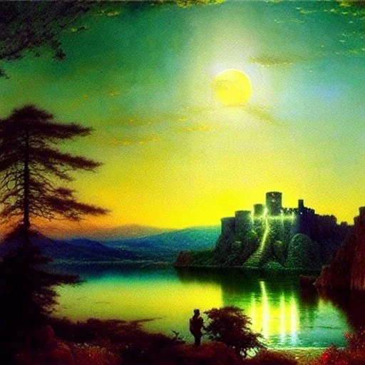 Drawing of 'Medieval Romanian Castle',mountain,lake,full moon, by gaston bussiere, greg rutkowski, yoji shinkawa, yoshitaka amano, tsutomu nihei, donato giancola, tim hildebrandt, oil on canvas, cinematic composition, extreme detail,fit full head inside picture,16k