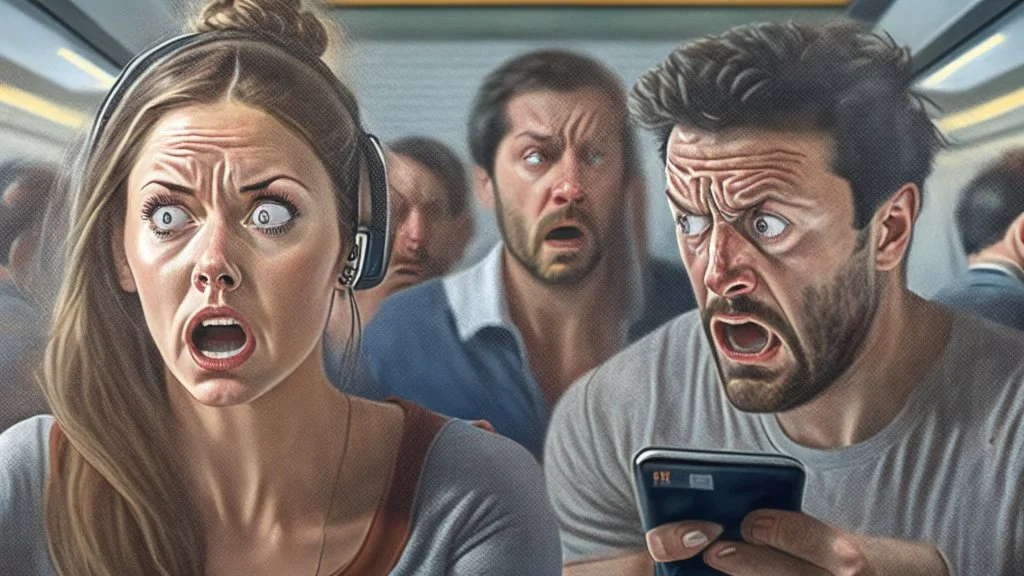 photorealistic man with woman on phone upset being put on the NO FLY list