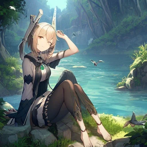 anime girl meditating,girl is sitting down with her eyes closed and she has her head tilted up, rock trees, birds, creek