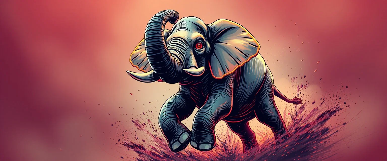 cute pen outline with some neon airbrush, let create a crazy wild elephant doing dangerous stuff - dynamic camera push-in revealing intricate details in motion. Epic cinematic wide-angle camera swoops down