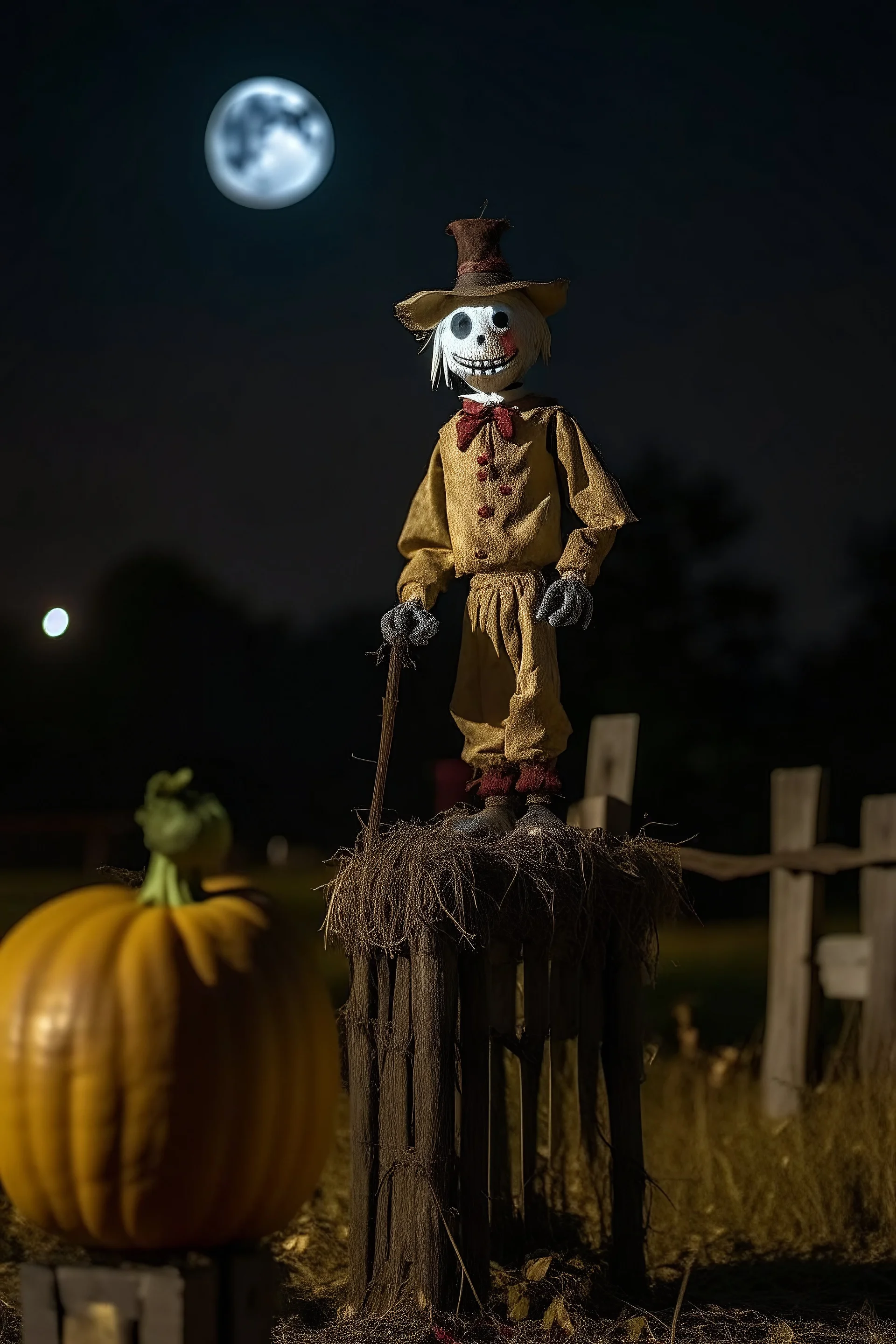 A scarecrow up on his post on a full moon