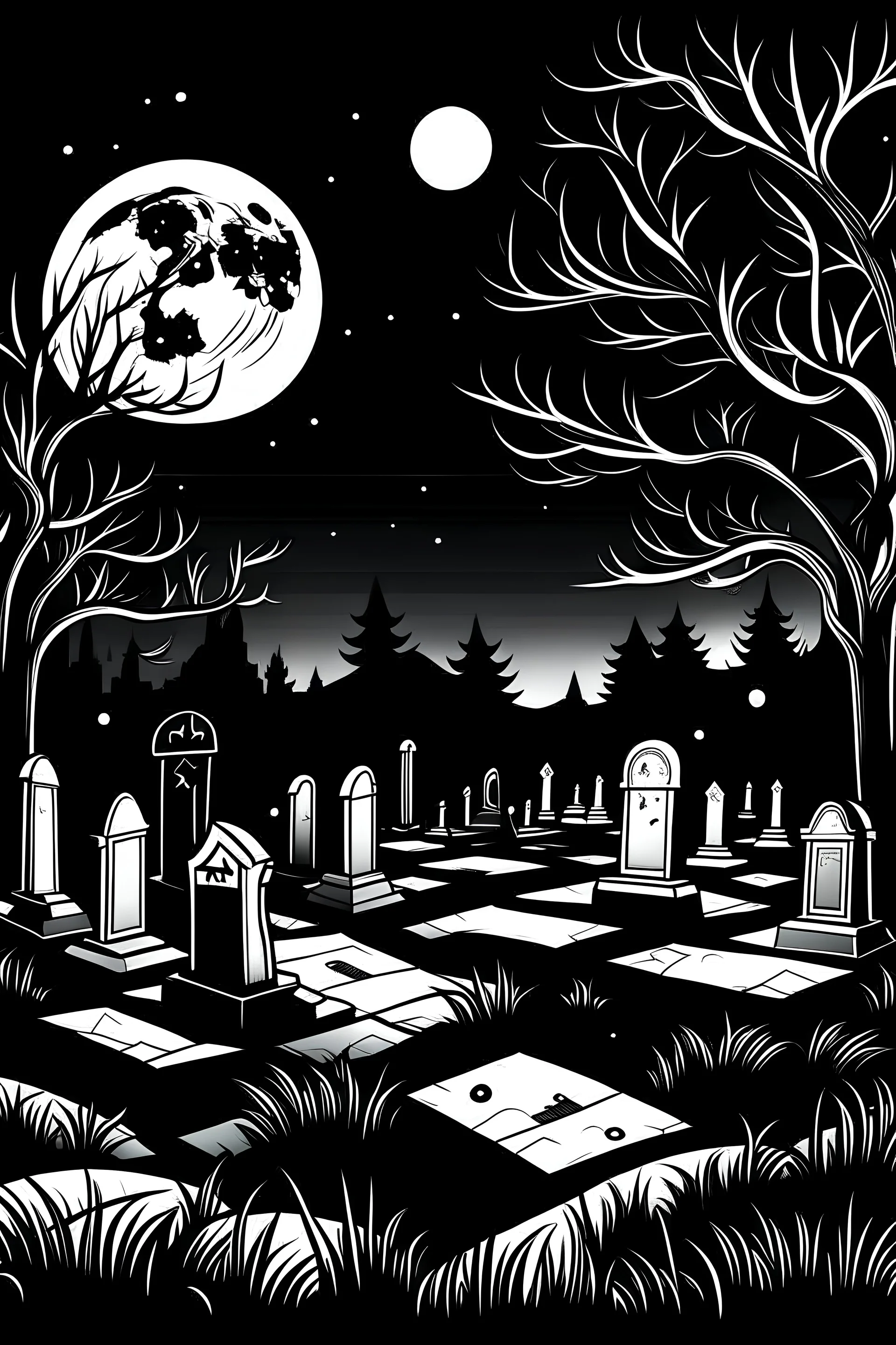 Graveyard at Night white and black for coloring