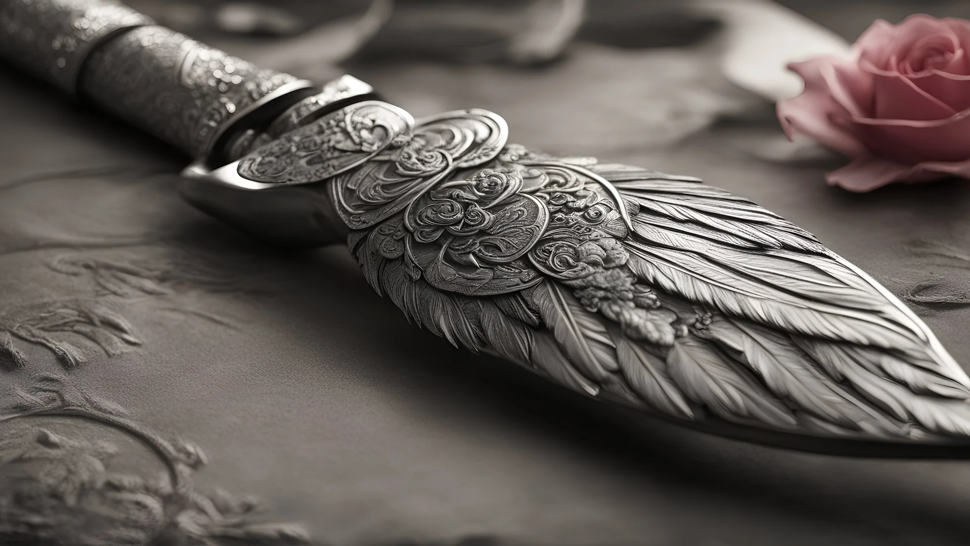 photoreal magnificent engraved feathered dagger engraved with engraved roses engraved crest holstered on her native indian hip by lee jeffries, otherworldly, in the style of fantasy movies, photorealistic, shot on Hasselblad h6d-400c, zeiss prime lens, bokeh like f/0.8, tilt-shift lens 8k, high detail, smooth render, unreal engine 5, cinema 4d, HDR, dust effect, vivid colors