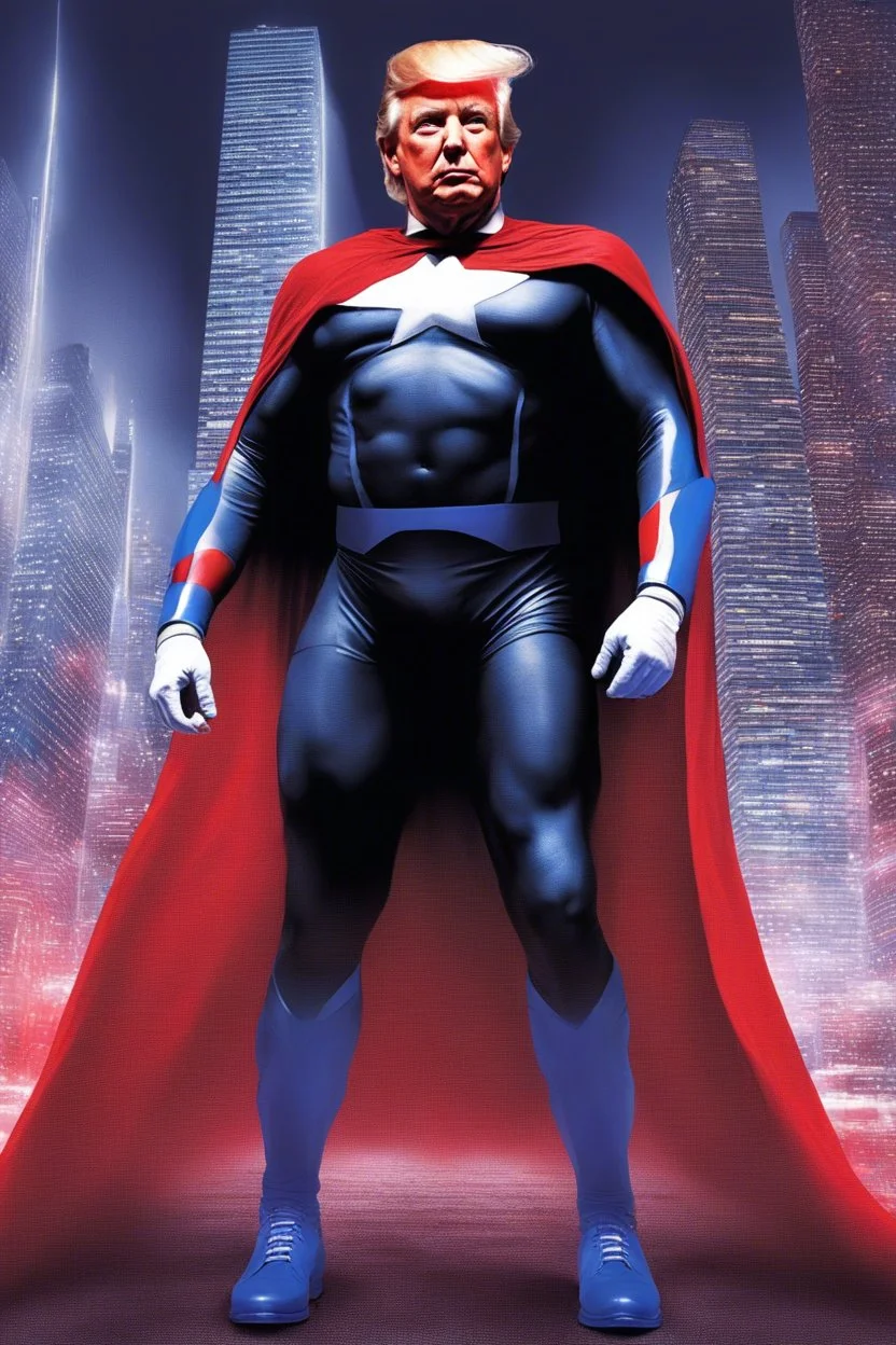 Donald Trump as 'Maga Man,' Extremely Muscular, Skintight, formfitting, red, white-and-blue bodysuit, blue cape, silver boots, Multicolored vortex, neon lit futuristic cityscape, mist, fog, speed, extremely overexaggerated musculature, "MAGA MAN"