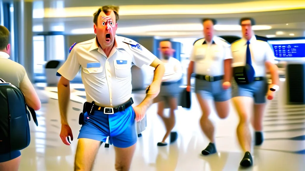 very focused image of upset man wearing shorts told to leave airport lounge by officer