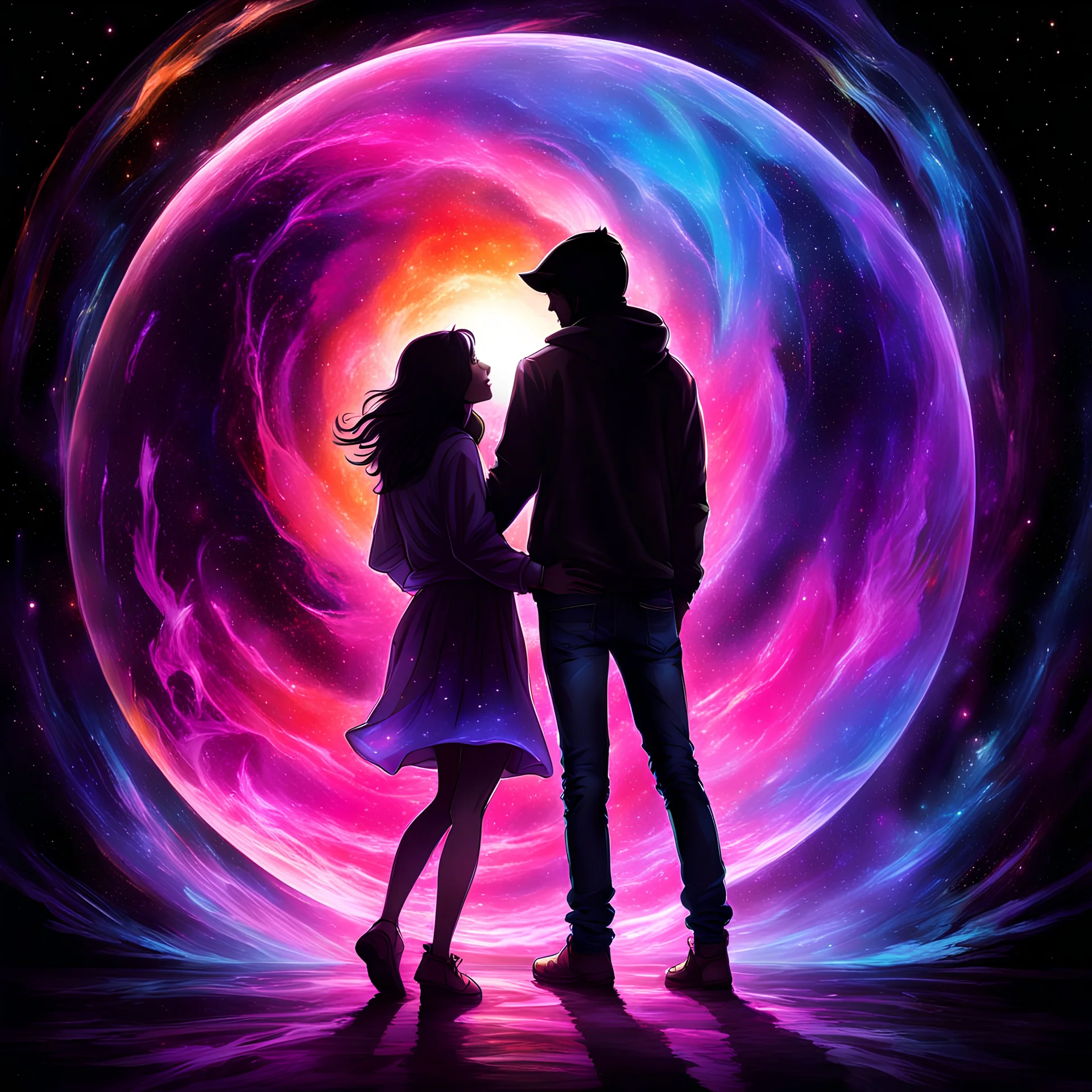 An orb composed of shimmering pink, purple, orange, and blue plasma containing the striking silhouettes of a handsome man wearing jeans and a hoodie, and a beautiful woman wearing a sundress, locked in a loving embrace, is surrounded by a terrifying oily black void