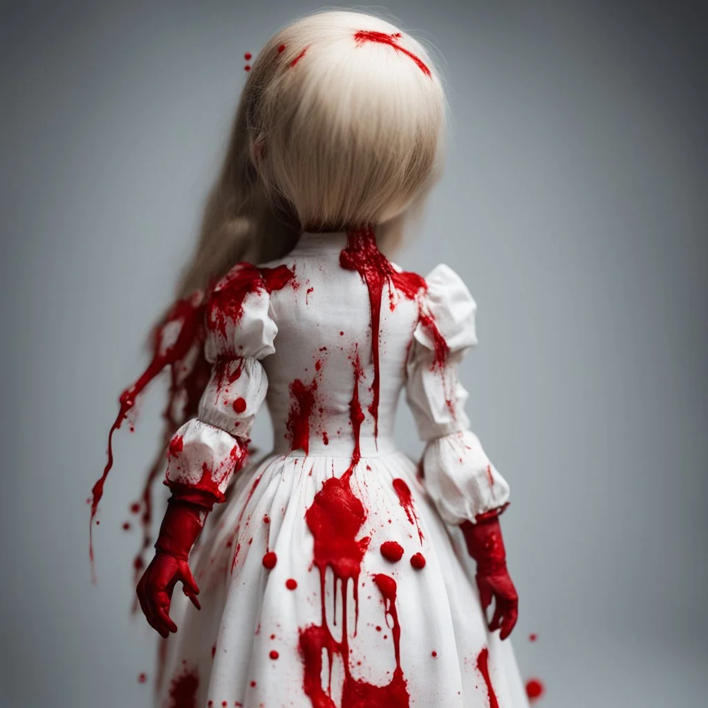 A girl's doll wearing a white dress with red blood bleeding from the back