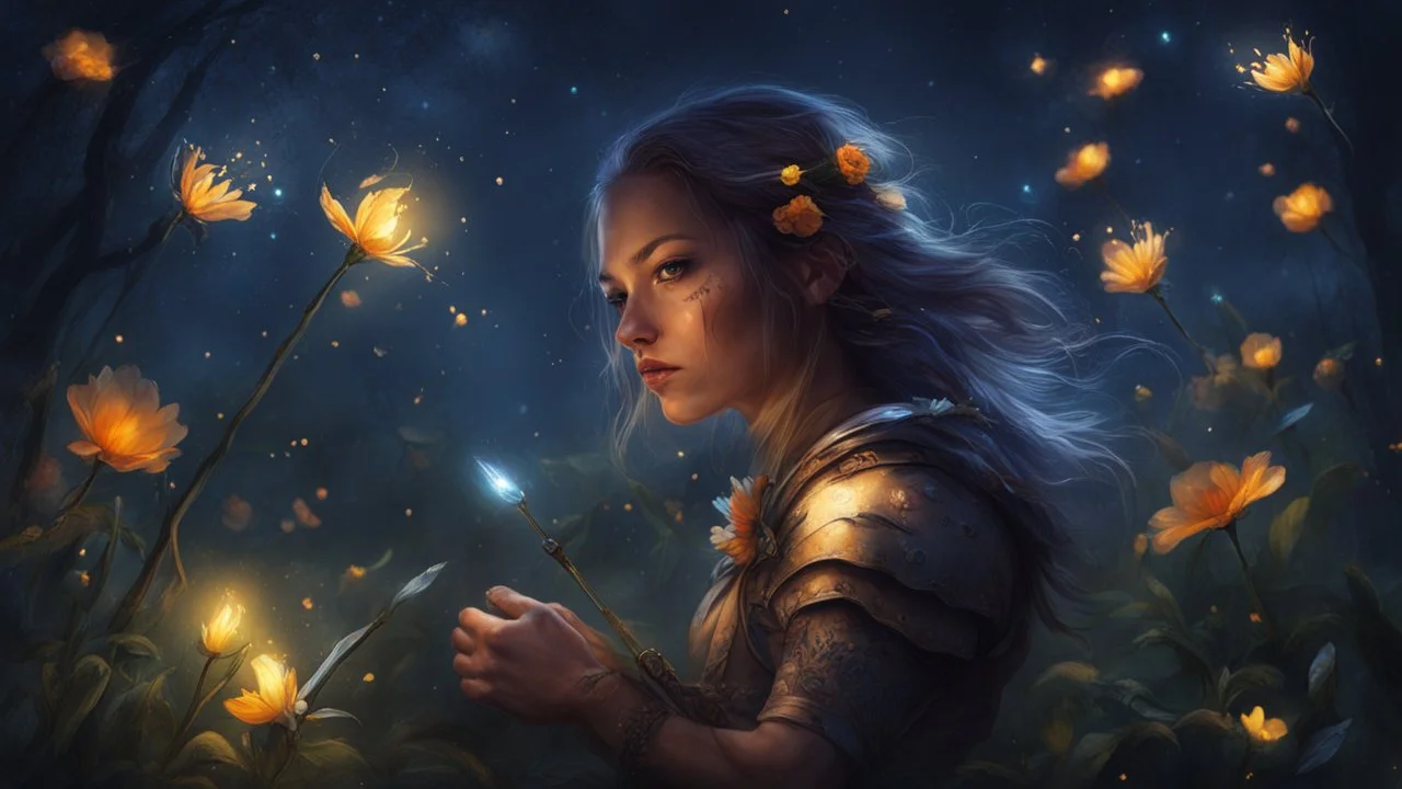 Woman Warrior, flower, night, fireflies