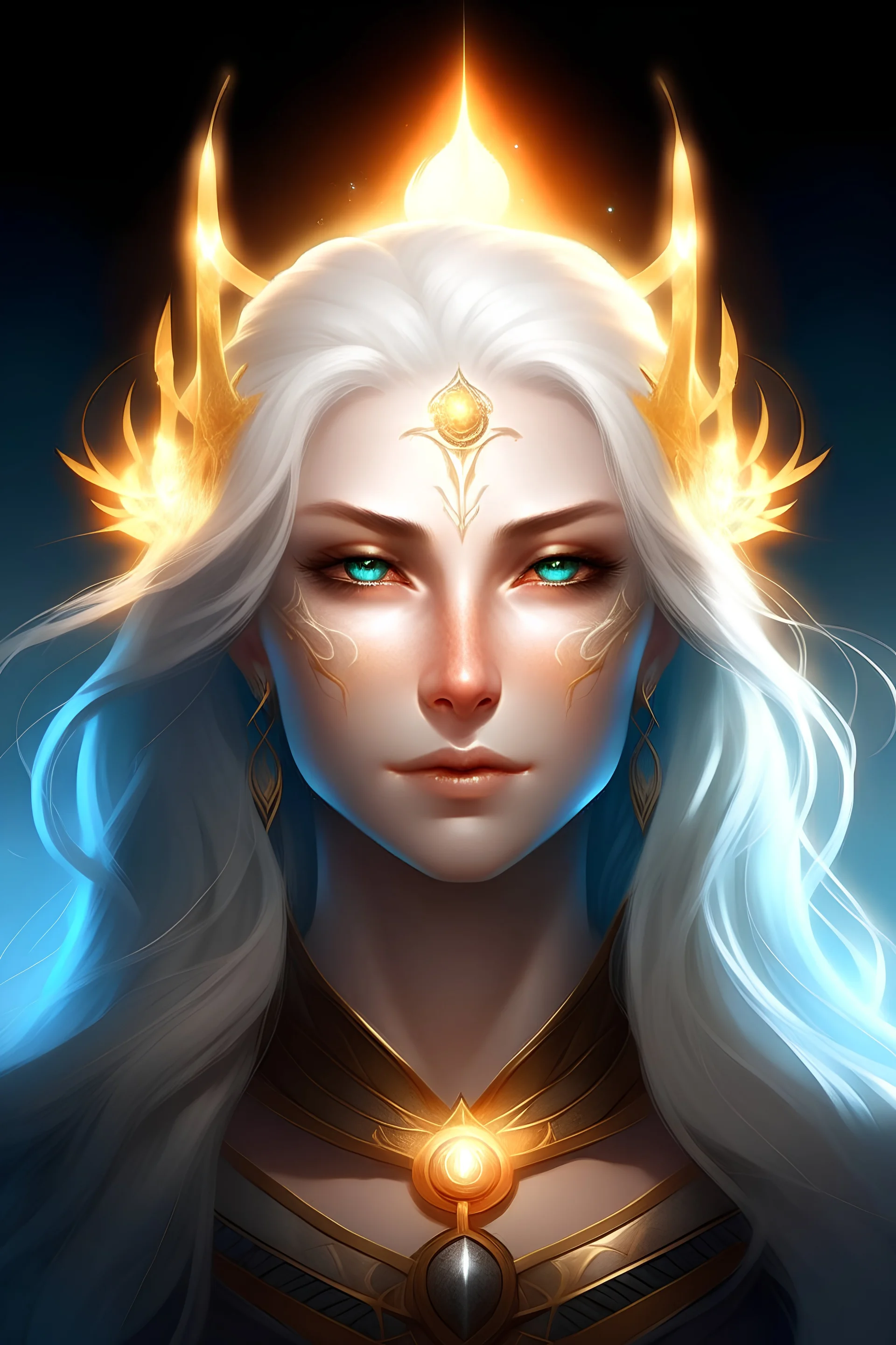 Generate a dungeons and dragons character portrait of the face of a female, peace aasimar that looks like a high blessed by the goddess Selune. She has white hair and glowing eyes and is surrounded by holy light