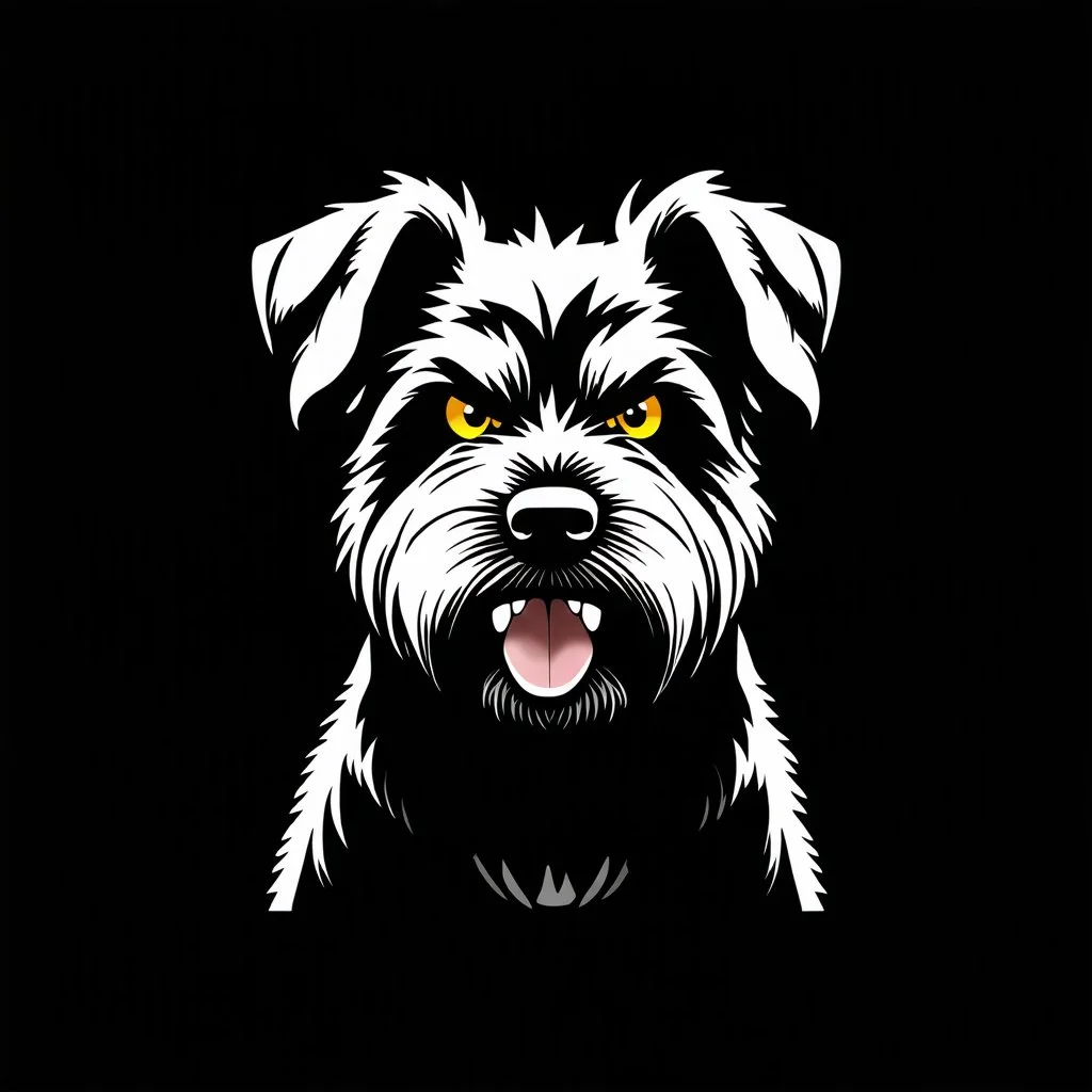 an angry scruffy black terrier on black background, yellow eyes, defined teeth, 30% lighter, vector illustration