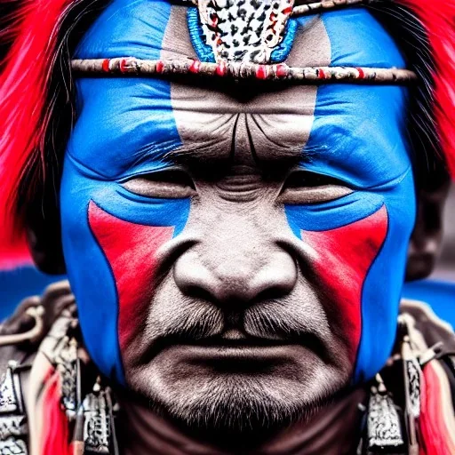 portrait photo of a asia old warrior chief, tribal panther make up, blue on red, side profile, looking away, serious eyes, 50mm portrait photography, hard rim lighting photography–beta –ar 2:3 –beta –upbeta –upbeta