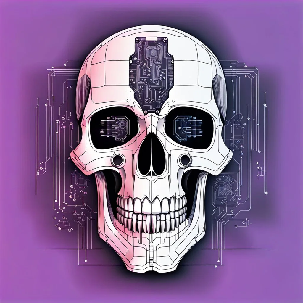 FLAT VECTOR LAYERED IMAGE OF CYBERNETIC SKULL PARTS IN A SCHEMATIC, BLACK AND WHITE, AUTOCAD, FINE LINE BLUEPRINT,