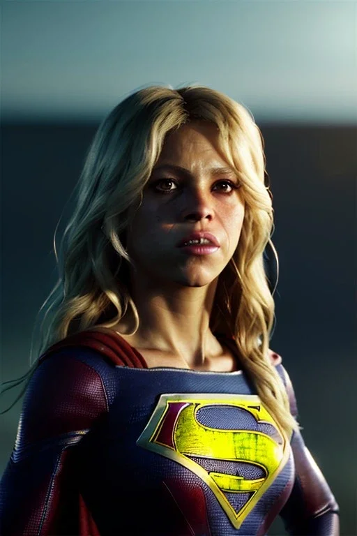 portrait, Shakira, make-up, angry, Realistic image, superhero, retro, supergirl, blood, sweat, fog, goddess. Black background, photo studio, concept art, smooth, unreal engine 5, god lights, ray tracing, RTX, lumen lighting, ultra detail, volumetric lighting, 3d, finely drawn, high definition, 4k.