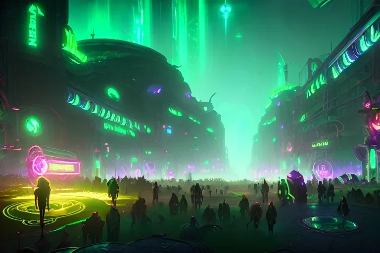 poisoned strange green planet with strange creatures, hyper detailed, digital painting, elegant, centered, detailed, neon signs, 8k, shining, heaven, many happy people, dampf,