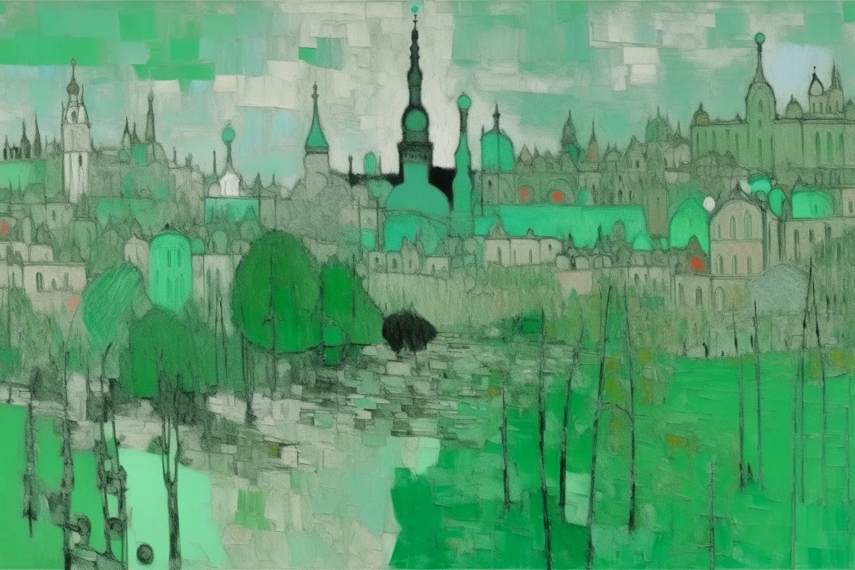 A mint colored noisy metropolis painted by Claude Monet