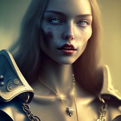 best quality, realistic lighting, masterpiece portrait of Mavis Dracula, details, light dusting of freckles, cowboy shot from above, simple chain hauberk, warhammerVector art matte painting digital illustration 3D shading CryEngine Behance HD 3Delight