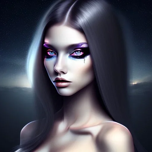 black long hair lady top with black eyes under the Stars