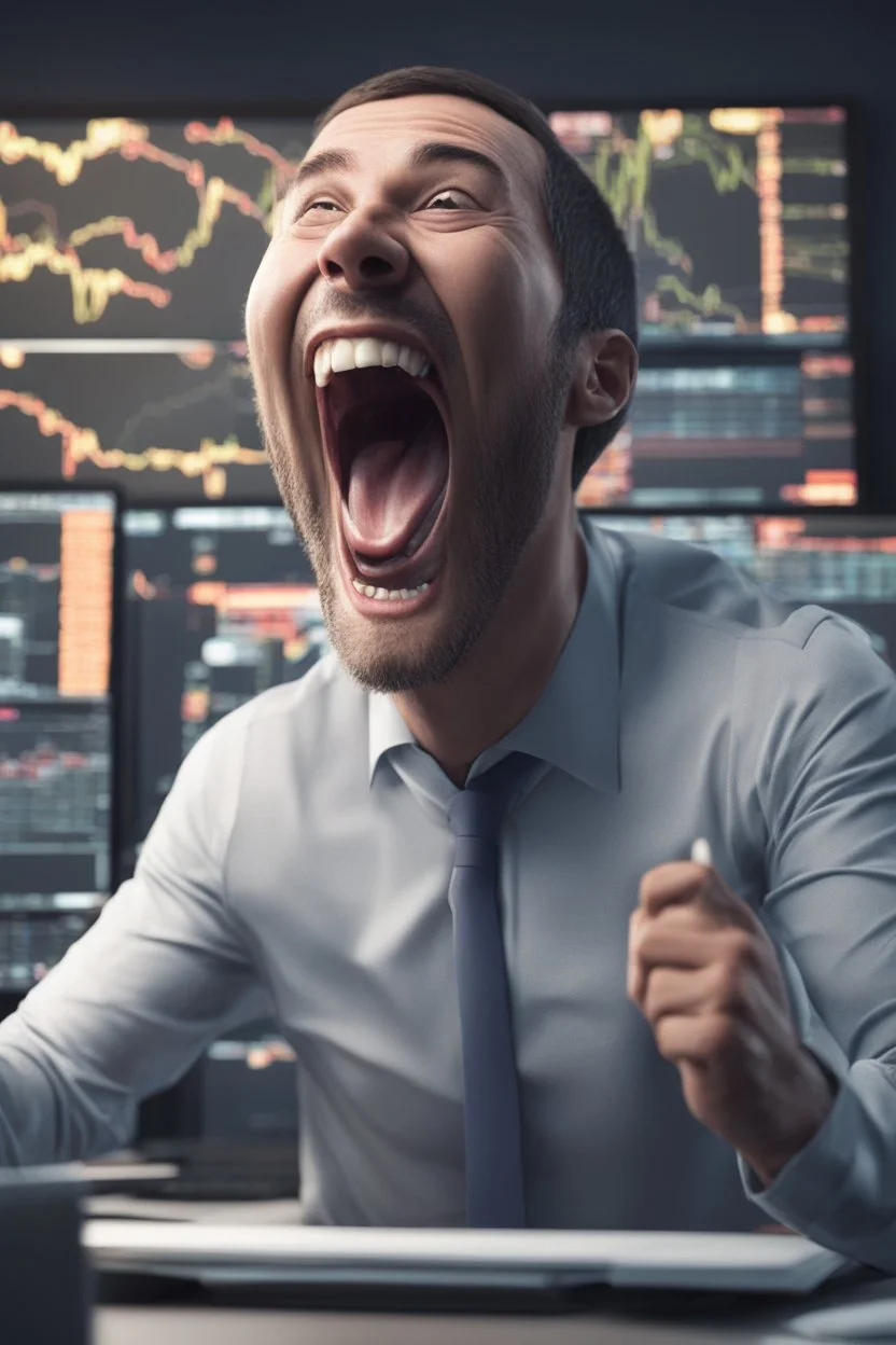 A 3d animated guy screaming with joy Infront of his PC as the bullish pips on the stock market is climbing, 8k, highly detailed