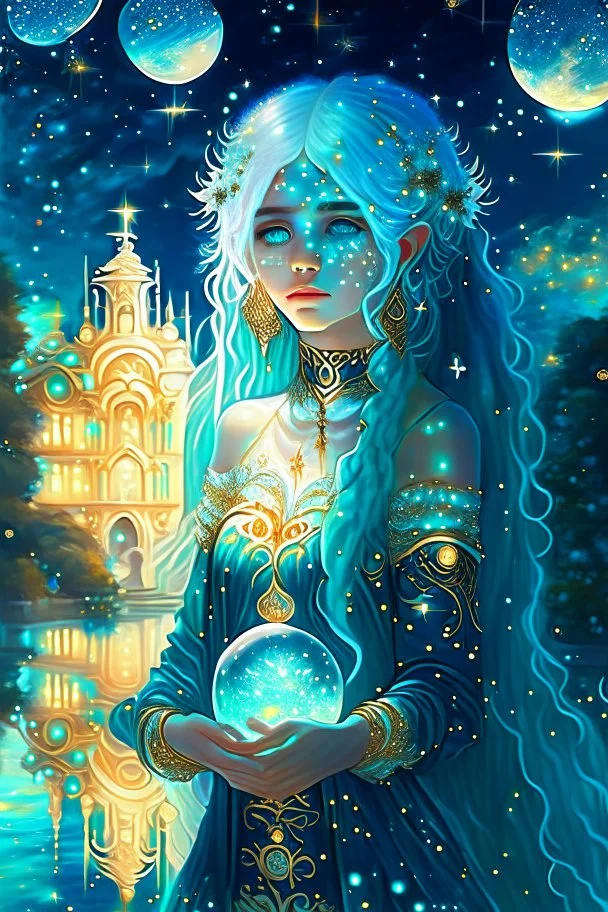 A beautiful girl with glowing starry eyes. And with turquoise hair decorated. And full body. Holds 10 glowing glass beads with a moon inside .girl void. full body Glowing golden eyes and white hair. Standing on a land of water embellished with sapphires and ornate trees. And beautiful buildings. And a sky full of star. realistic