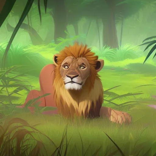 picture for children's book showing a cute lion behind tall grass in the jungle