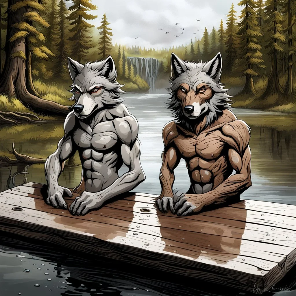 one gray and one brown fantasy anthropomorphic wolf-human hybrids creature in body hair lie exhausted and wet on their stomachs on two wooden boards next to a deep river, on the opposite bank in the distance, hour-long, thick-trunk trees are faintly visible, grass, mud, rain, high realistic, detailed, cinematic, sci-fi, digital art, dark fantasy mood