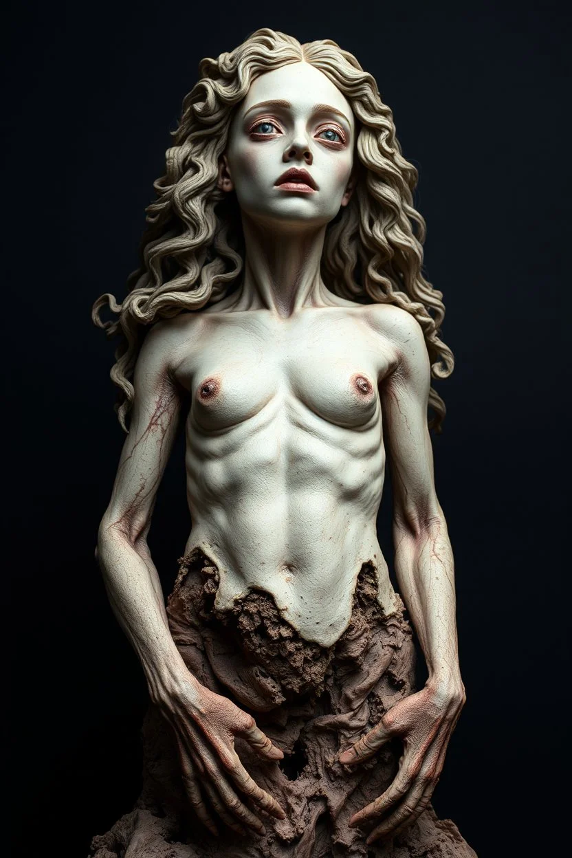 sculpture of beautiful girl with long curly hair , half the body , front view . decayed and rotting with grotesque proportions and imagery. grotesqueries, detailed texture, surreal horror, biomechanical design, by hr giger and beksinski