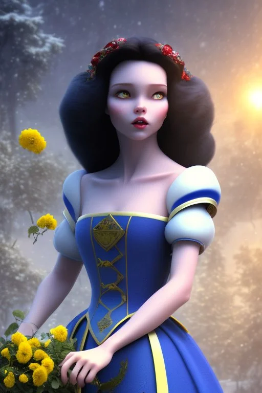 4K Ultra-HD, Hyper realistic, cinematic lighting -- Snow White, short, bowl-cut black hair, blue eyes, Yellow skirt, blue blouse with short poofy sleeves, extremely pail skin, Rose pedals, wild animals, Castle, Full body image -- 4k, stunning, dramatic lighting, dramatic background, cinematic, atmospheric, very detailed, historic, powerful, octane rendering, exquisite detail, 30 - megapixel, 4k, 85 - mm - lens, sharp - focus, intricately - detailed, long exposure time, f8, ISO 100, shutter - s