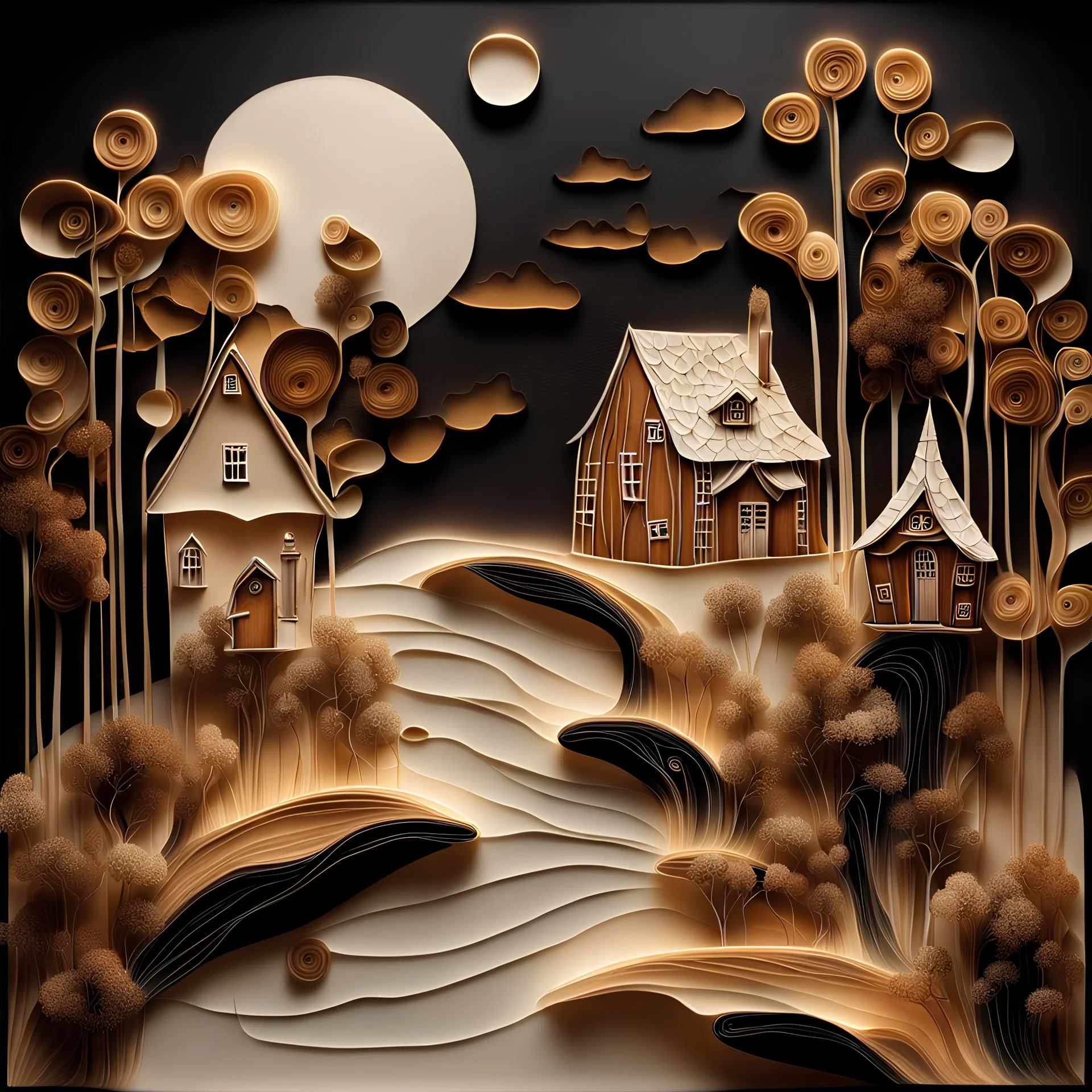 An abstract surreal painting of a village with a cottage, fences, river, trees, in a surreal eerie dim forest; symbolism; clear detailed dress with 3D texture brushlines; very very soft quilling; in the style of Hieronymus Bosch, Mandy Disher; light background; white brown black gold and bronze, nature-inspired pieces; Bess Hamiti; multi-layered style; whimsical nature; ink painting; surreal styl
