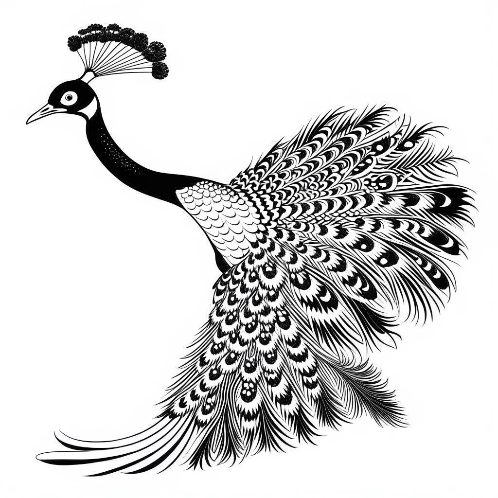 white, A peacock in flight, emphasizing its wingspan.., vector, white background, outline, with images neatly contained within the background, just black and white color, full body, no color. Front view.