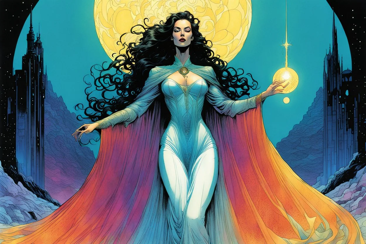 Create a fine art print , full body illustration of the legendary Arthurian sorceress, Nimue with finely lined and detailed facial features, in the comic book style of Bill Sienkiewicz, Philippe Druillet, and Jean Giraud Moebius, precisely drawn, colored and inked