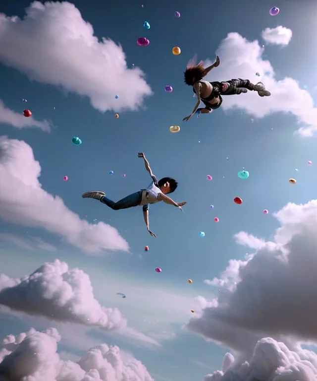 Ultra realistic speed clouds sky scene, wide angle view, sweet men falling down with many Childs, feather color clothing, free jumping flying, many trinkets, hair monster, many jelly beans, balls, color smoke, smile, happy, circus style, extreme, wind, clouds sea, 20,000 feet altitude, stratosphere, soft color, highly detailed, unreal engine 5, ray tracing, RTX, lumen lighting, ultra detail, volumetric lighting, 3d, finely drawn, high definition, high resolution.