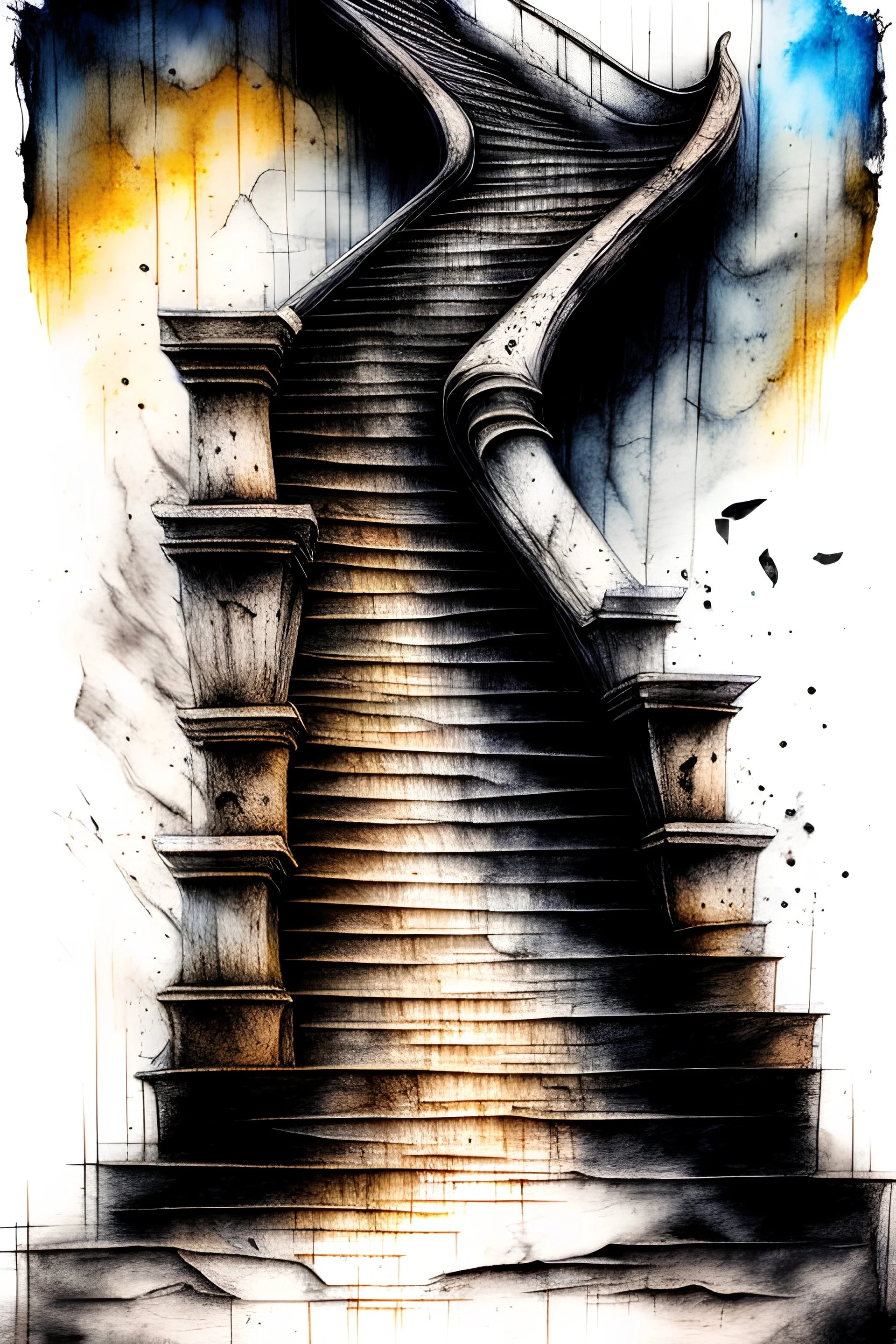 stairway to heaven, dust, scratches, ink, oil, pencil drawing, gouache texture, maximum detail, quality textures, bright lighting, 8k high resolution, Enhance
