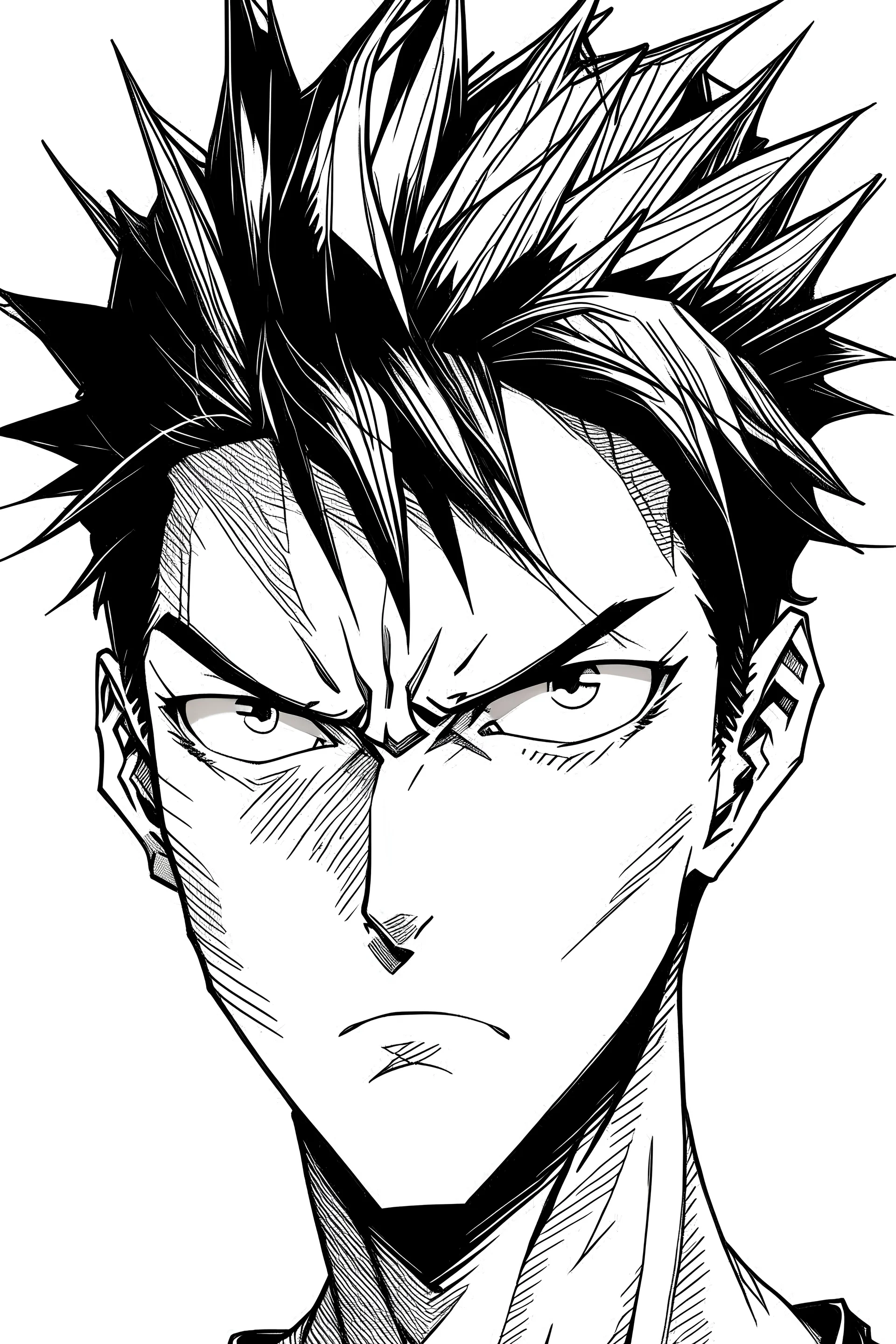 20 years old man with black spiky hair, with a scar in his left eye, in manga drawing style