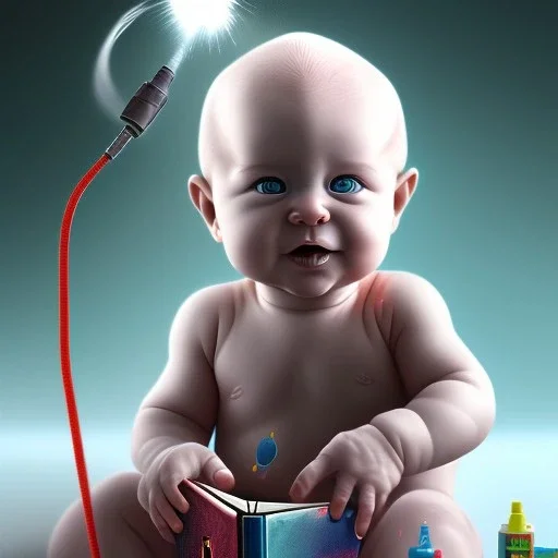 a human baby called tobias leander with no hair, playing with toys, sitting in chair, photo realistic spray painting, book cover