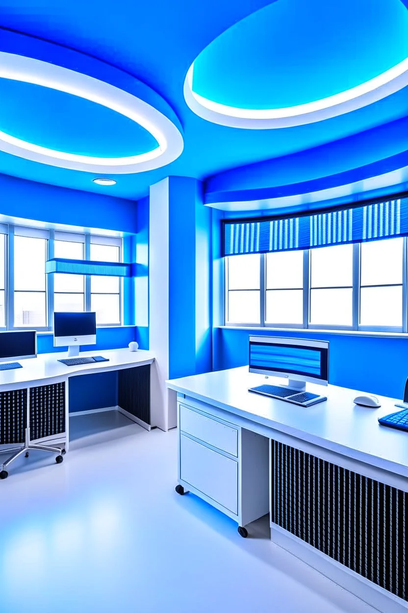 The office desks are hung on the walls in an oval shape, and the color of the walls is blue and the floor is white