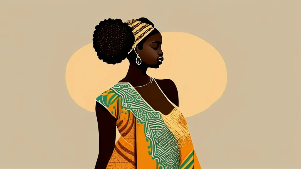 logo,Design, African woman, oil painting, featureless, graphic, drawing without facial features, background, sky, traditional clothes, cartoon, looking left